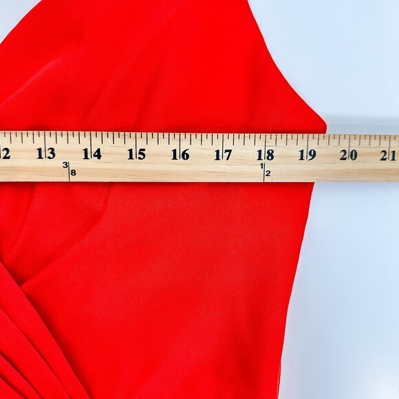 BCBGMaxAzria Faux Wrap Ruched Ruffle Maxi Dress Red Sz 16 - Picture 11 of 12